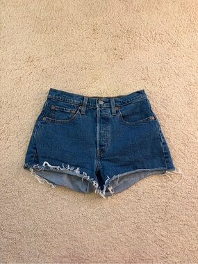 Levi's Dark Blue High-Rise Frayed Hem Jean Shorts